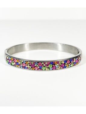 JCM Stainless Steel Bangle Bracelet Colorful Sparkles Silver Tone Pink Green